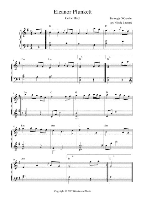 Eleanor Plunkett for Celtic harp, with chords (arr. Nicole Leonard)