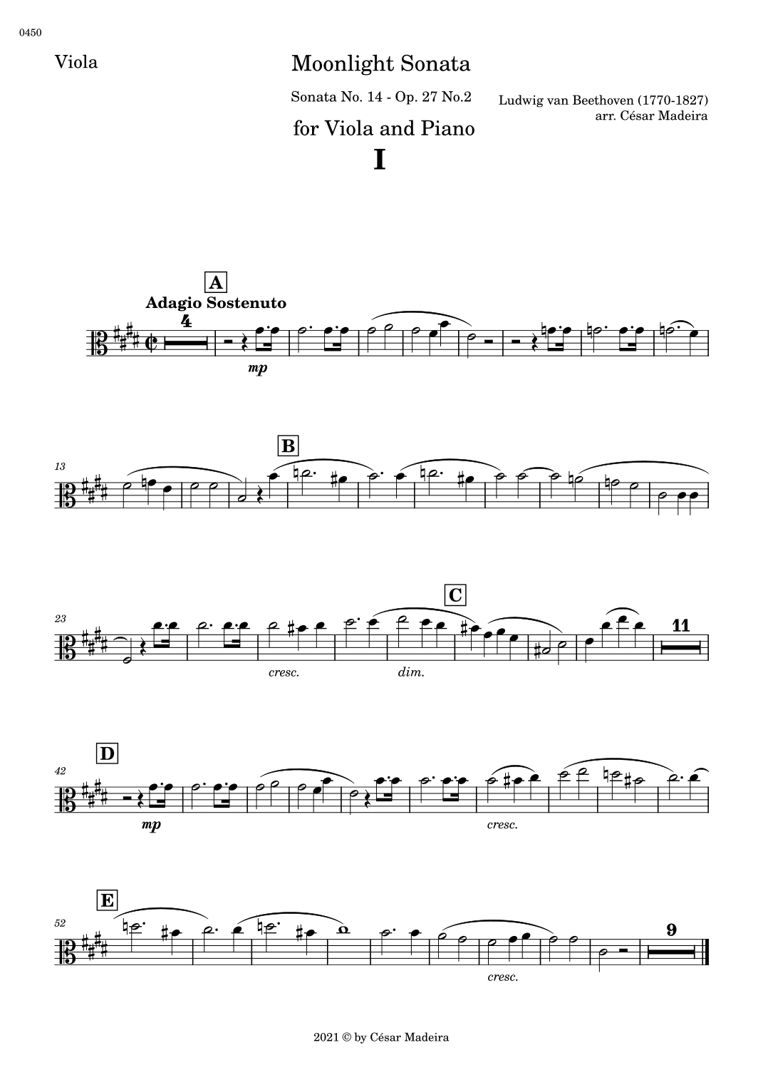 Moonlight Sonata by Beethoven 1 mov. - Viola and Piano (Individual Parts) (arr. César Madeira)
