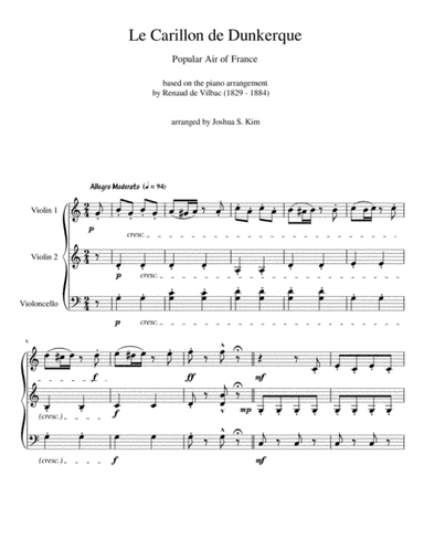 Le Carillon de Dunkerque for String Trio (2 violins & cello) (arr. Joshua S. Kim)