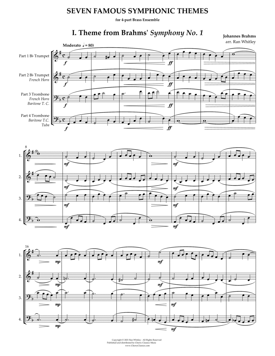 Seven Famous Symphonic Themes for 4-part Brass Ensemble (arr. Ran Whitley)