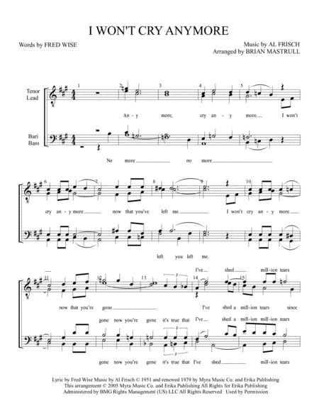 I Won't Cry Anymore (arr. Mastrull Charts)