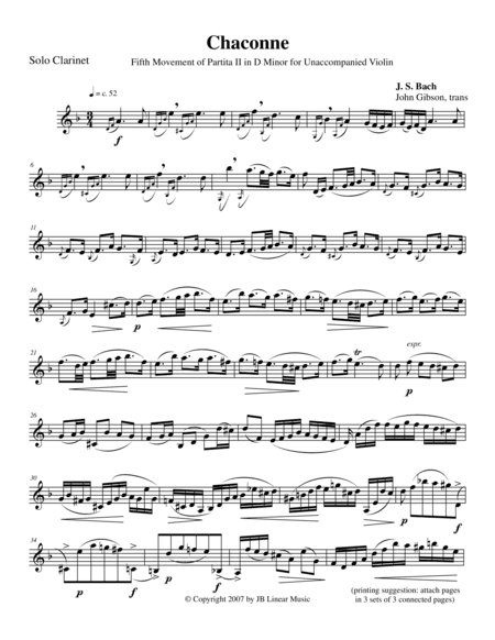 Bach Chaconne for solo (unaccompanied) clarinet (arr. John Gibson)