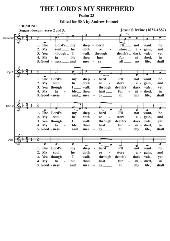 The Lord's My Shepherd (Crimond) A Cappella SSA (arr. Andrew Emmet)