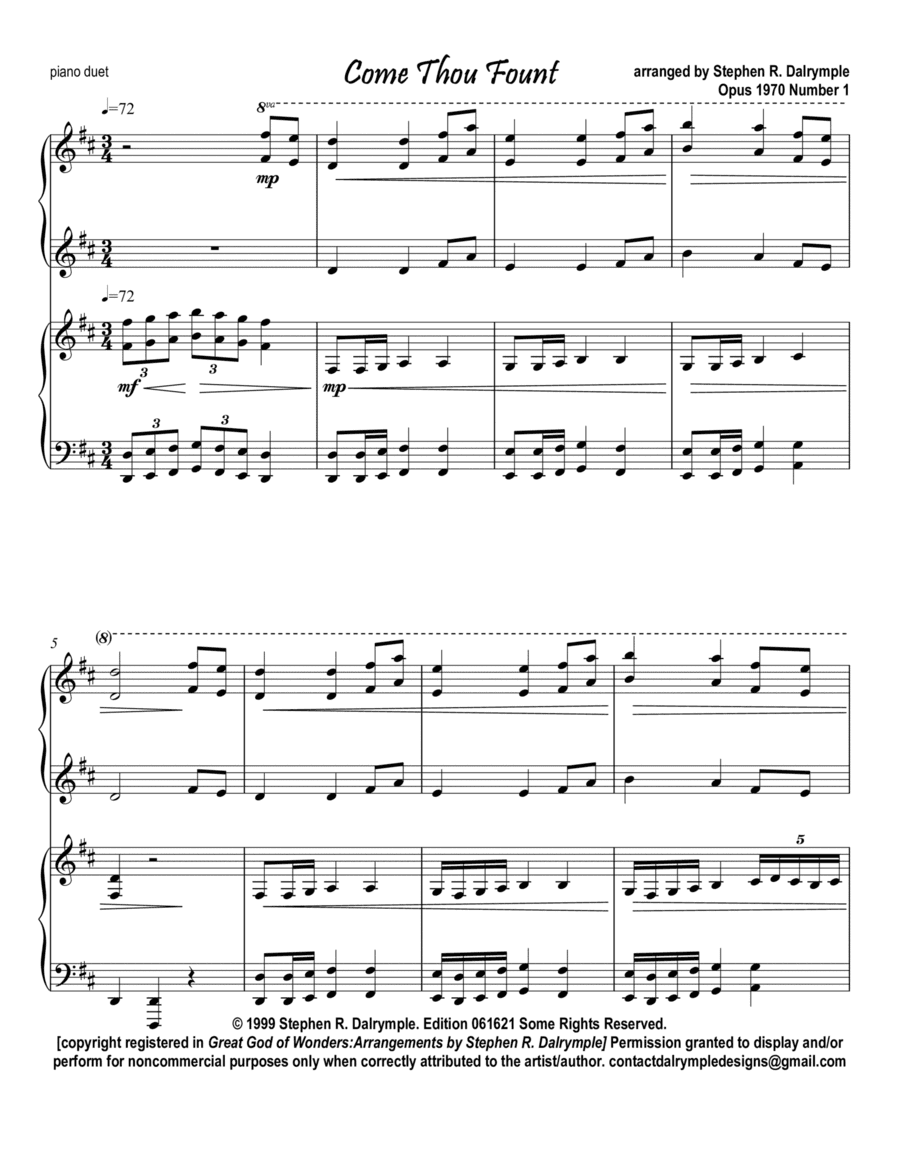 Come Thou Fount arranged for Piano Duet (1 piano, 4 hands) by Stephen R Dalrymple (arr. Stephen R. Dalrymple (Dalrymple Designs))