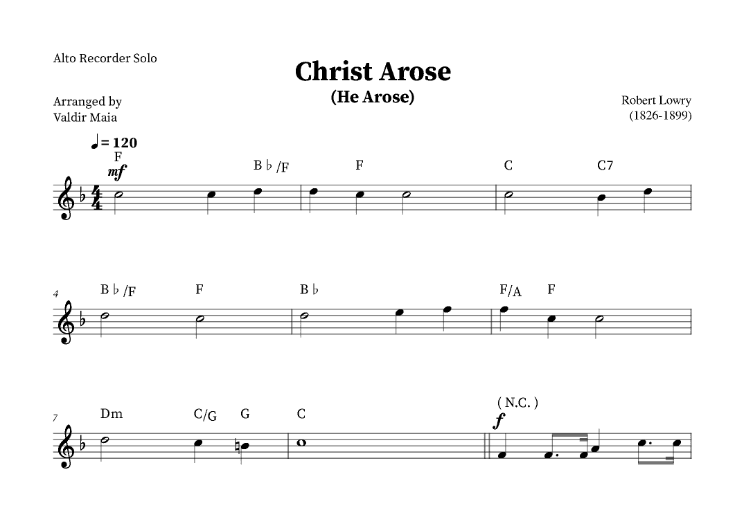 Christ Arose (He Arose) -  Alto Recorder Solo (with chords) (arr. Valdir Maia)