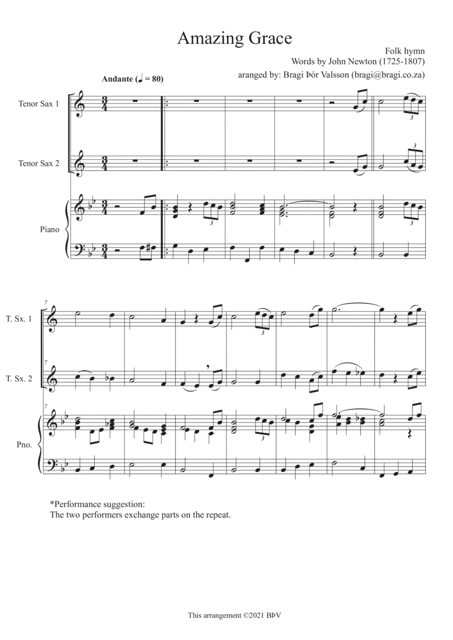 Amazing Grace - Duet for two Eb Tenor Horns with piano accompaniment (arr. Bragi Thor Valsson)
