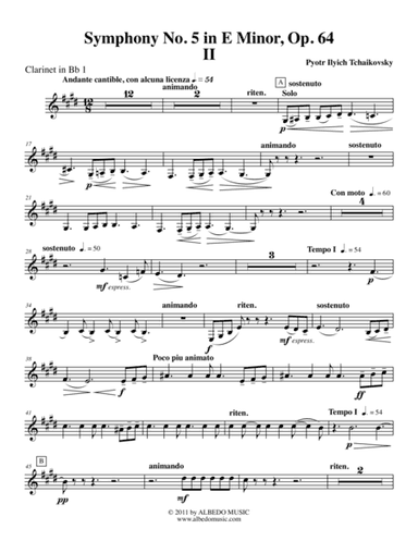 ?Tchaikovsky? Symphony No. 5, Movement II - Clarinet in Bb 1 (Transposed Part), Op. 64 (arr. Doug Clyde)