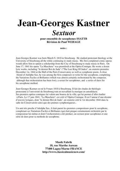 Jean-Georges Kastner:  Sextuor for SSATTB saxophone ensemble, edited by Paul Wehage (original key of (arr. Paul Wehage)