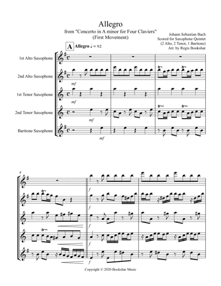 Allegro (from "Concerto for Four Claviers") (A min) (Saxophone Quintet - 2 Alto, 2 Tenor, 1 Bari) (arr. Regis Bookshar)