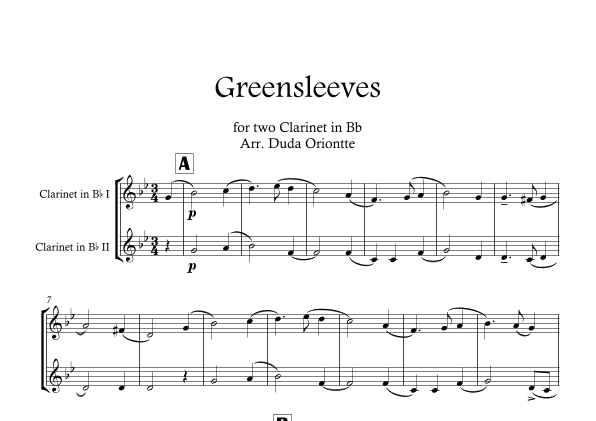 Greensleeves (Green Leeves) CLARINET IN Bb DUO. (English folk music, broadside) BEGINNER (arr. Duda Oriontte)
