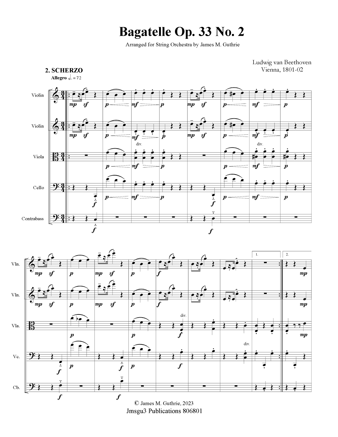 Beethoven: Bagatelle Op. 33 No. 2 for String Orchestra (arr. James M. Guthrie, ASCAP)