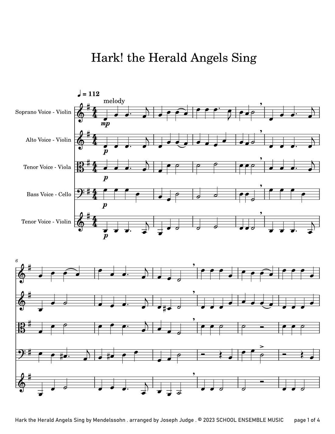 Hark The Herald Angels Sing for String Quartet in Schools (arr. Joseph Judge)