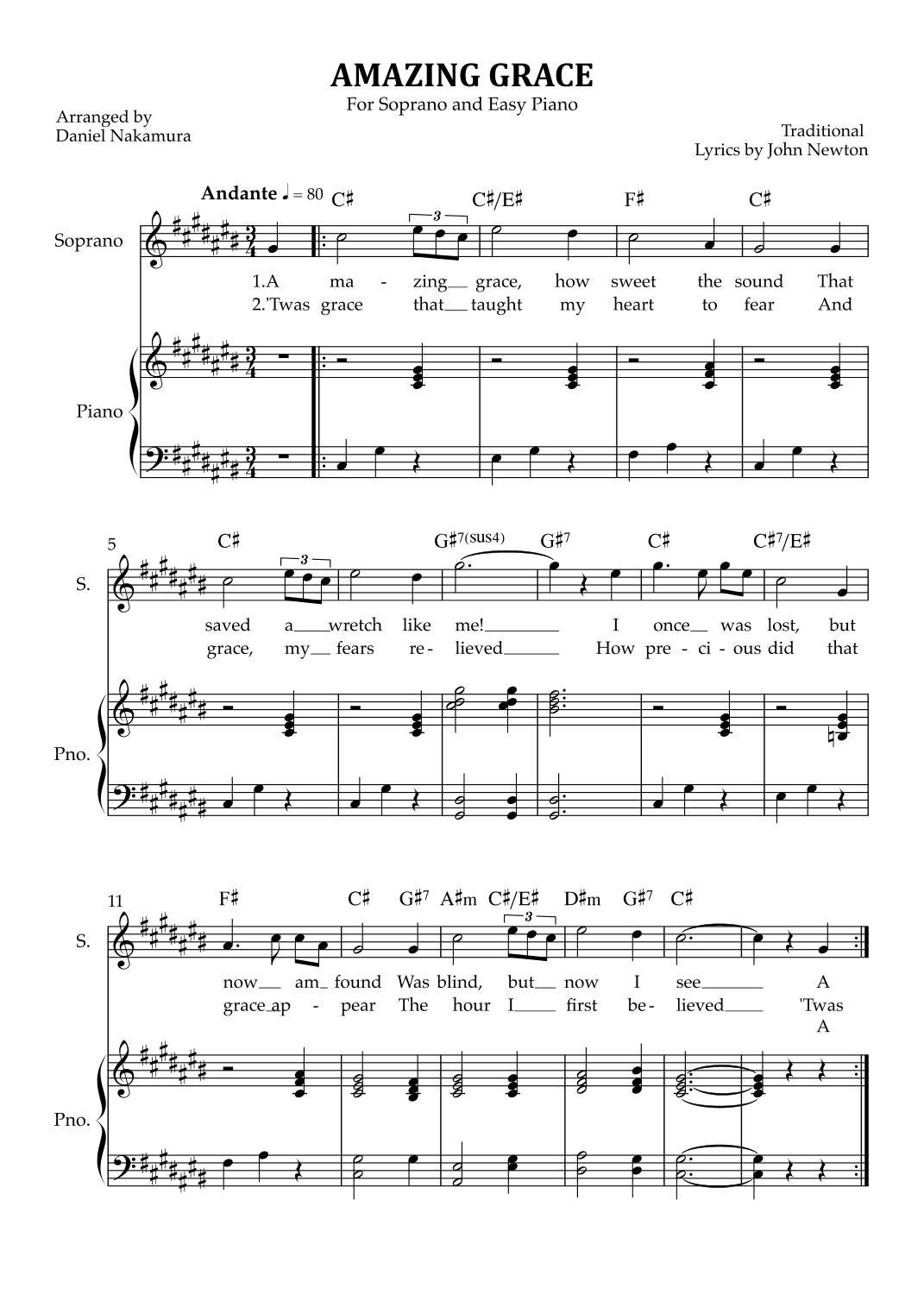 Amazing Grace (for soprano vocal with easy piano) (arr. Daniel Nakamura)