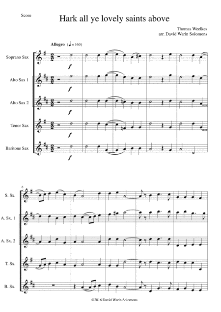 Hark all ye lovely saints above for saxophone quintet (arr. David Warin Solomons)