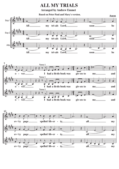 All My Trials A Cappella SSA (arr. Andrew Emmet)
