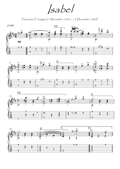 Isabel by Tarrega guitar solo (arr. PianoSheetNow)