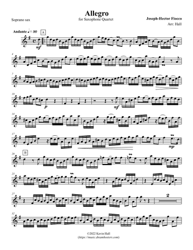 Fiocco: Allegro - arr. for Sax Quartet S(A)ATB(Bs) (arr. Kevin Hall)