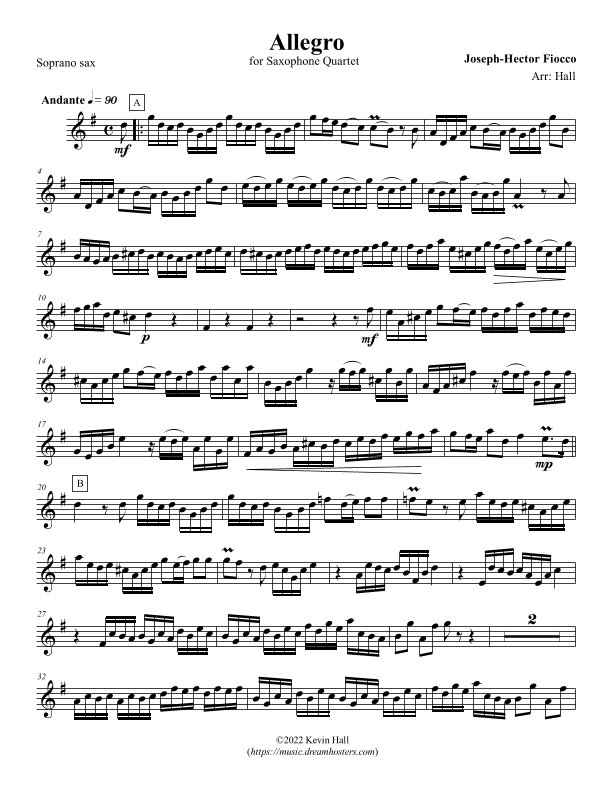 Fiocco: Allegro - arr. for Sax Quartet S(A)ATB(Bs) (arr. Kevin Hall)