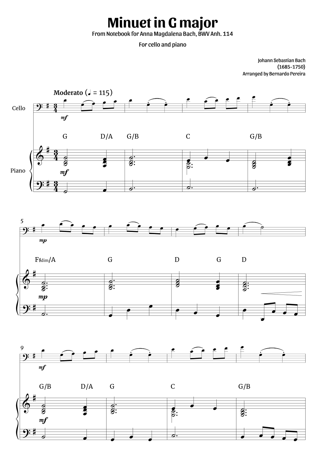 Minuet in G major (cello and piano – clean with chords) (arr. Bernardo Pereira)