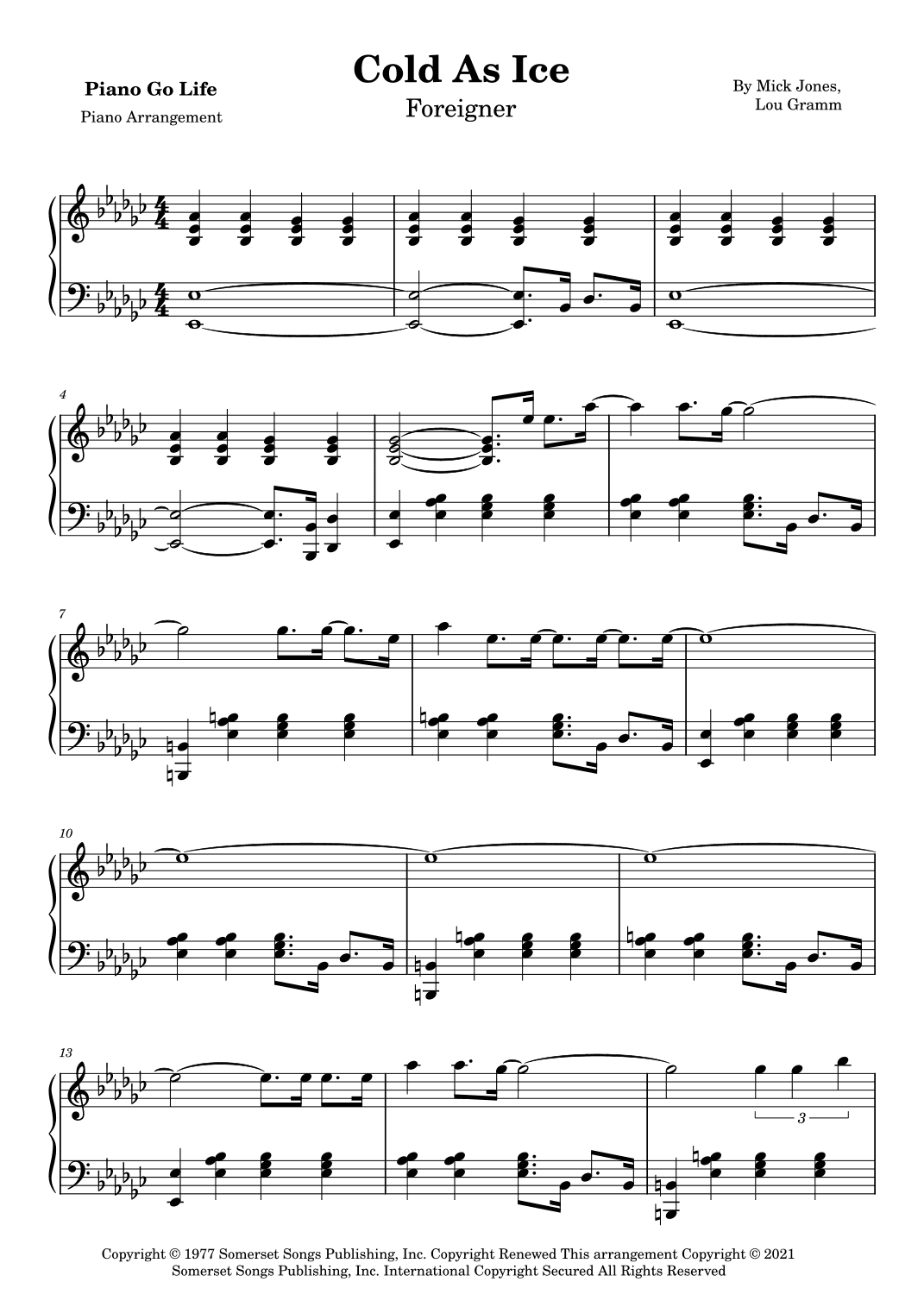 Cold As Ice (arr. Piano Go Life)
