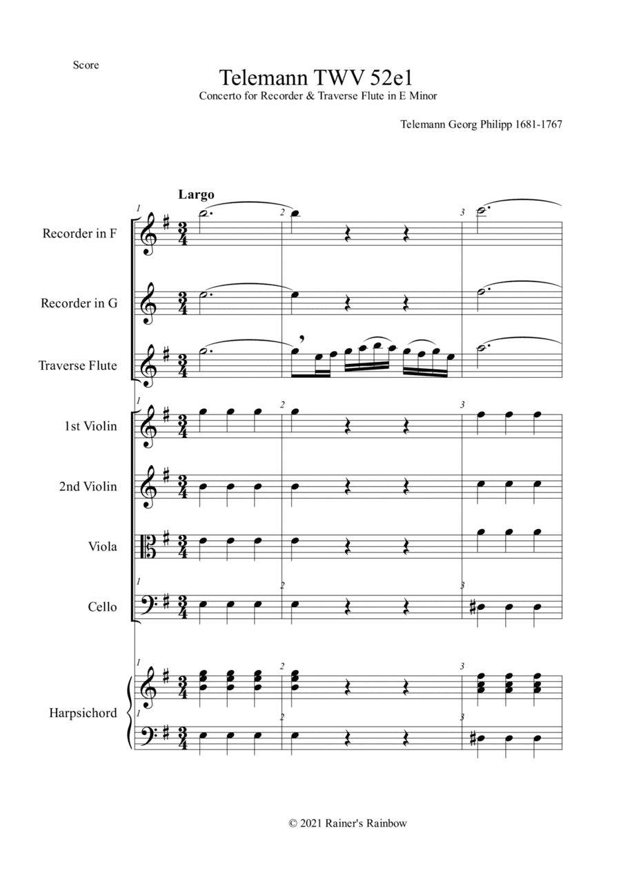 Telemann TWV 52e1 Concerto For Flute & Recorder Full Score & Parts (arr. R G Roth)