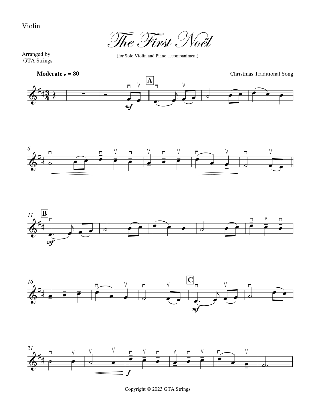 The First Noel - Solo Violin with Piano  accompaniment (arr. GTA Strings)