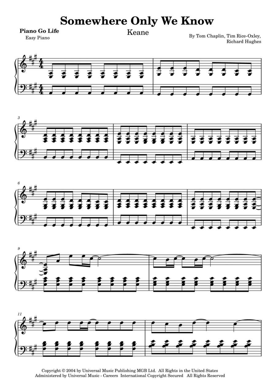 Somewhere Only We Know (arr. Piano Go Life)