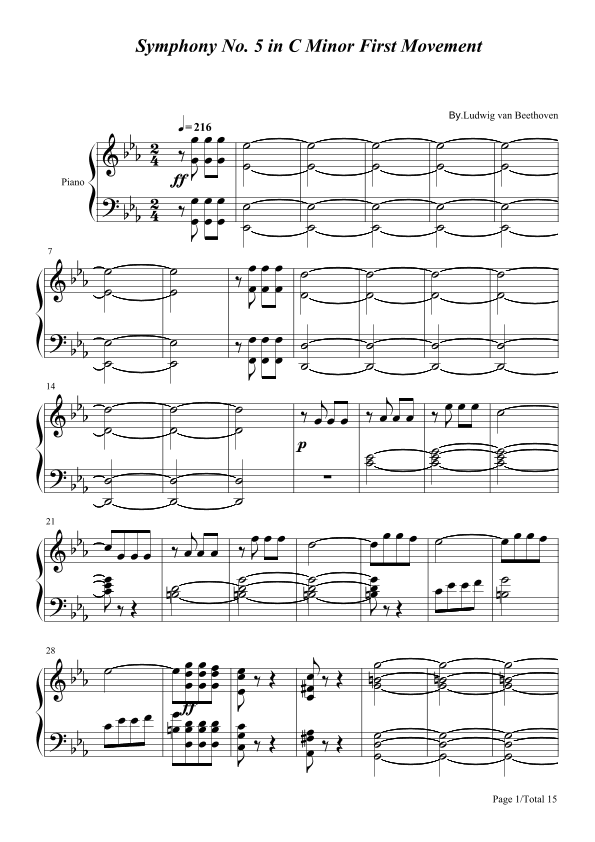 Beethoven Symphony No. 5 1st movement for piano solo C minor Intermediate (arr. poon)