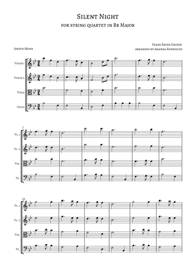 Silent Night for String Quartet in Bb Major (arr. Amanda Rodrigues)