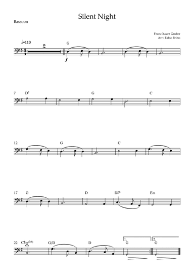 Silent Night (Christmas Song) for Bassoon Solo with Chords (arr. Fabio Britto)