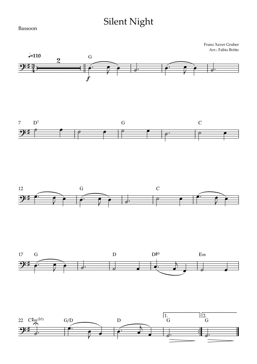 Silent Night (Christmas Song) for Bassoon Solo with Chords (arr. Fabio Britto)