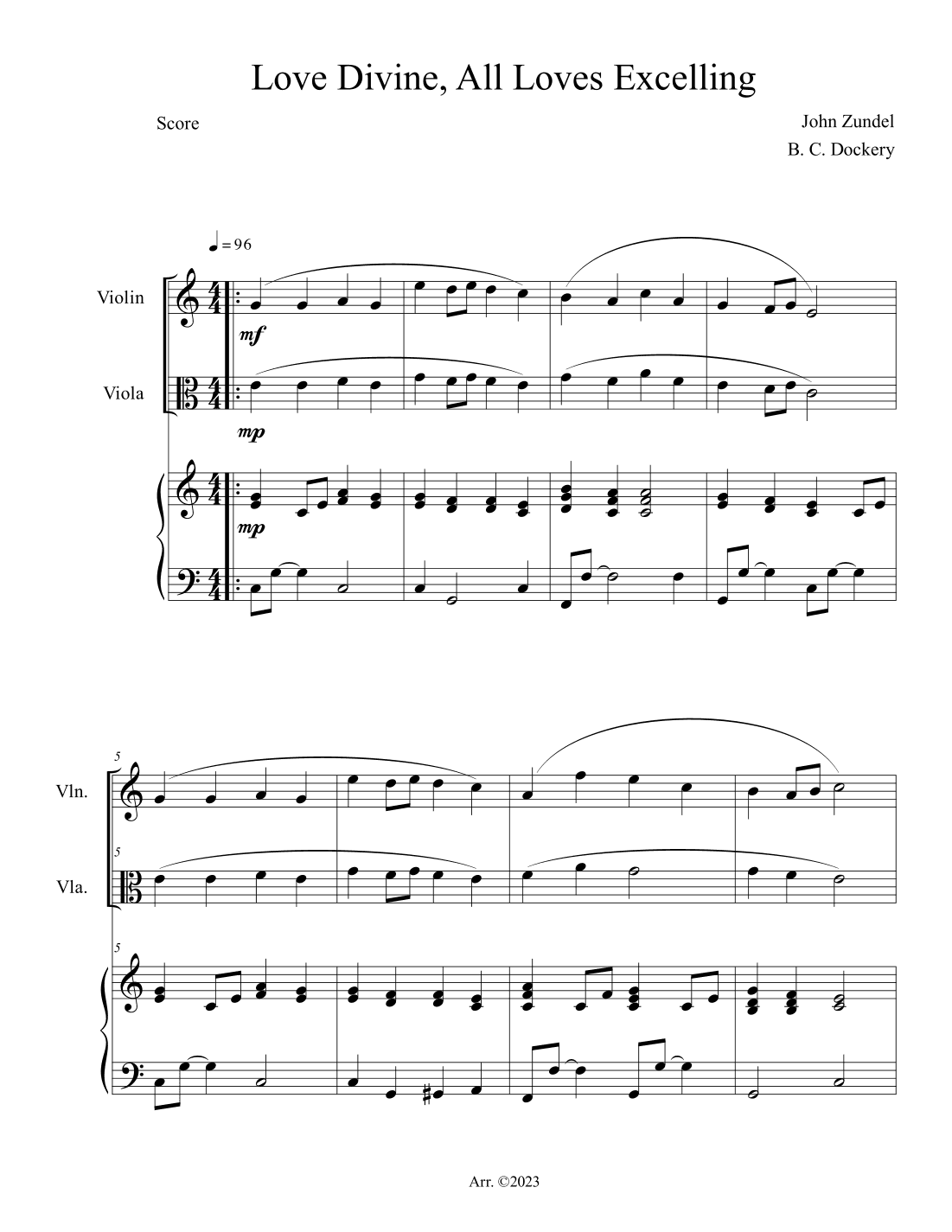 Love Divine, All Loves Excelling (Violin and Viola Duet with Piano Accompaniment) (arr. B. C. Dockery)