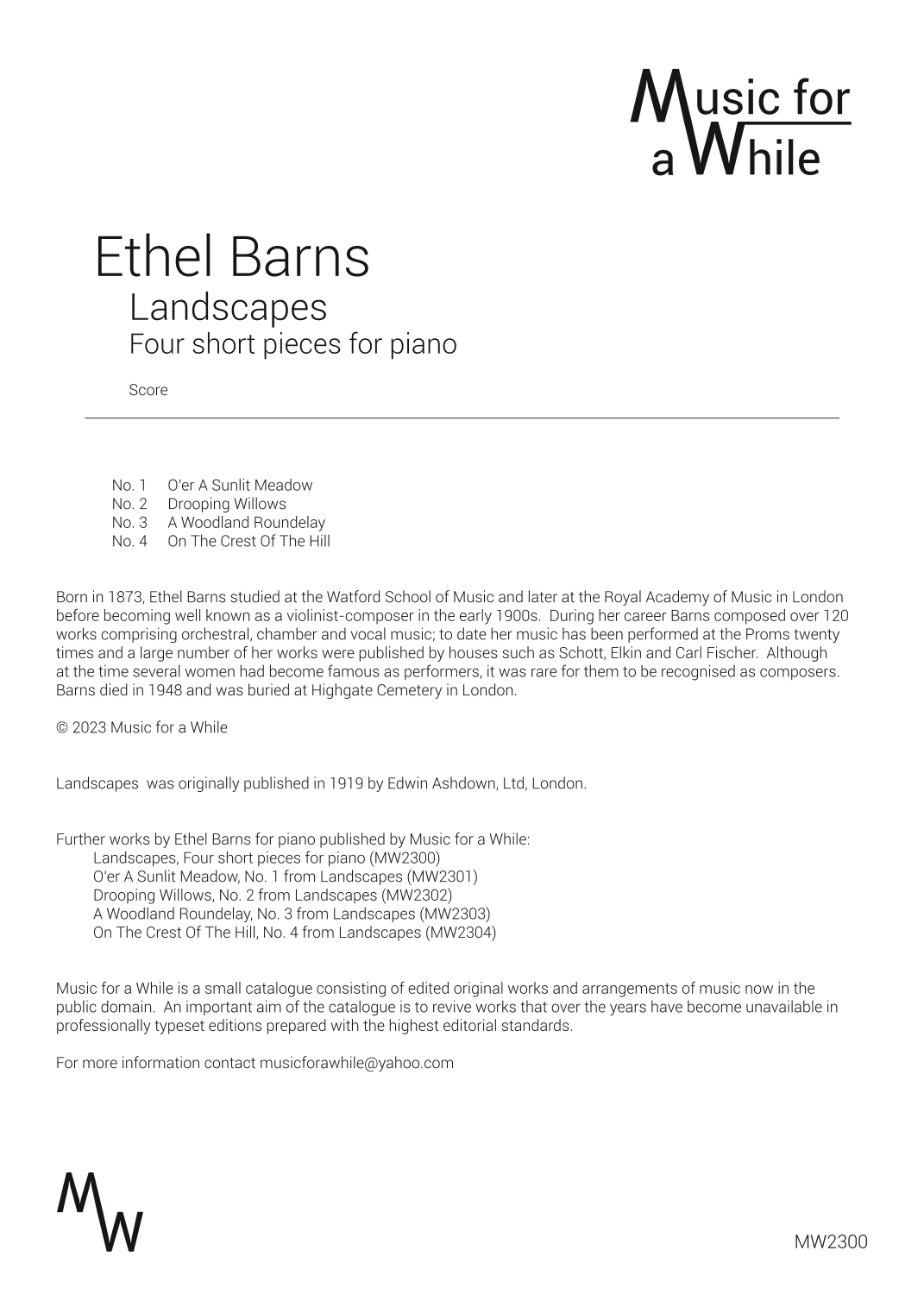 Ethel Barns - Landscapes, four short pieces for piano (arr. Music for a While)