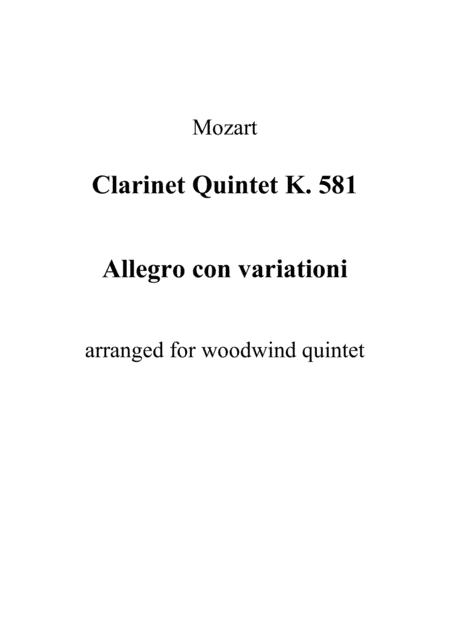 Clarinet Quintet K. 581 - Allegro con variationi (Full Score and Parts) (arr. CJ Darnieder)