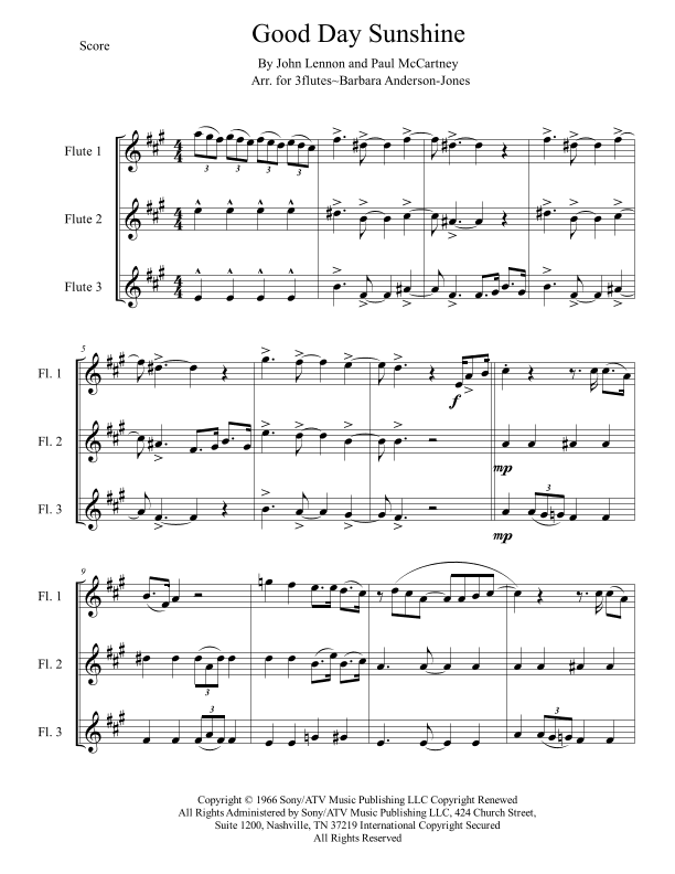 Good Day Sunshine - Score Only (arr. Barbara Anderson-Jones)