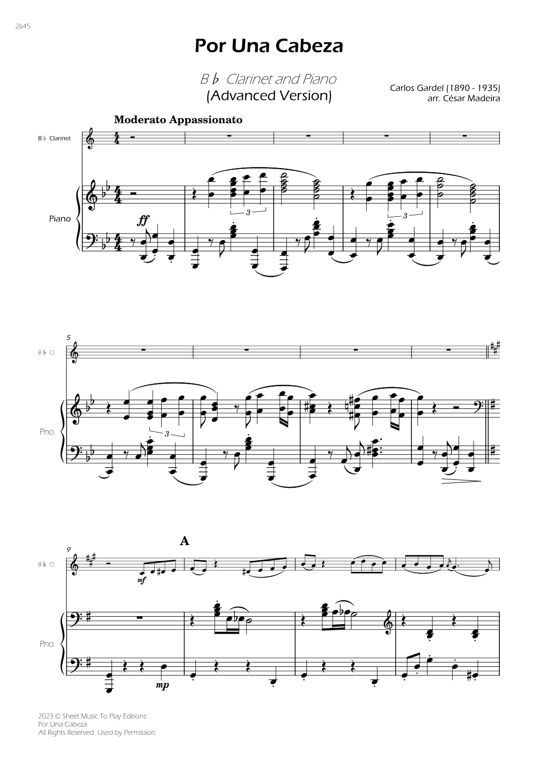 Por Una Cabeza - Bb Clarinet and Piano - Advanced (Full Score) (arr. César Madeira)