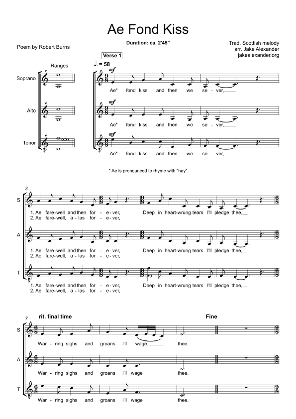 Ae Fond Kiss - SAT a cappella (arr. Jake Alexander)