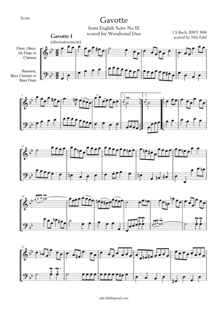 J S Bach Gavotte BWV 808 Woodwind Duo (arr. Nils Fahl)