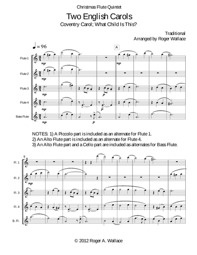 Two English Carols (Coventry Carol; What Child Is This?) - Flute Quintet or Choir (arr. Roger Wallace)