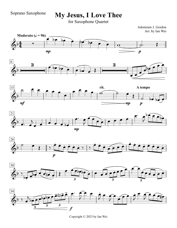 My Jesus, I Love Thee for Saxophone Quartet (arr. Ian Wei)