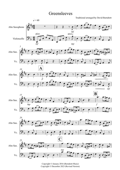 Greensleeves for Alto Saxophone and Cello Duet (arr. David Burndrett)
