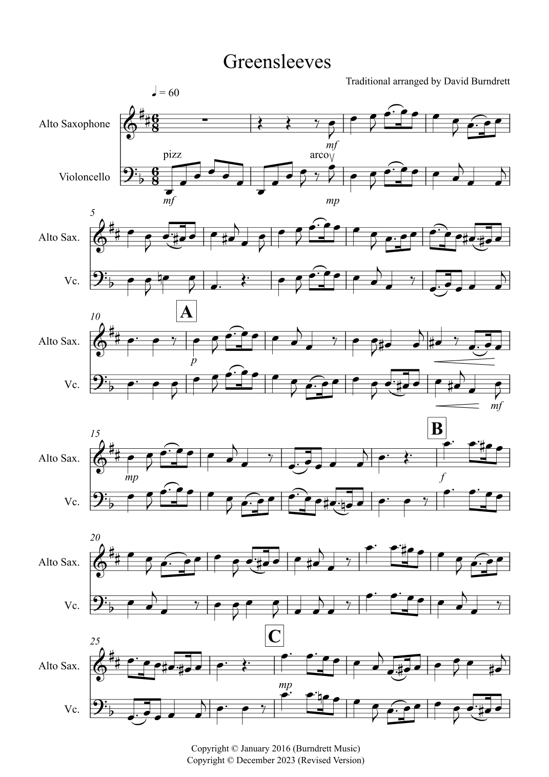 Greensleeves for Alto Saxophone and Cello Duet (arr. David Burndrett)