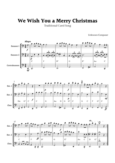 We Wish you a Merry Christmas for Bassoon Ensemble Trio with Chords (arr. Rika K.)