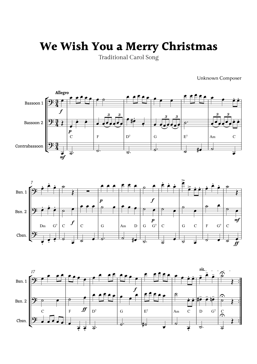We Wish you a Merry Christmas for Bassoon Ensemble Trio with Chords (arr. Rika K.)