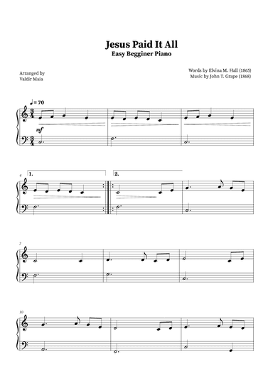 Jesus Paid It All - Easy Beginner Piano (arr. Valdir Maia)