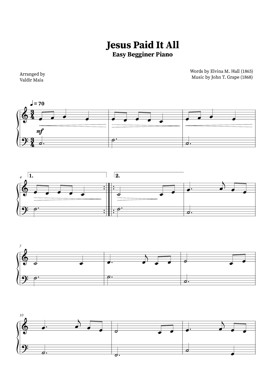 Jesus Paid It All - Easy Beginner Piano (arr. Valdir Maia)