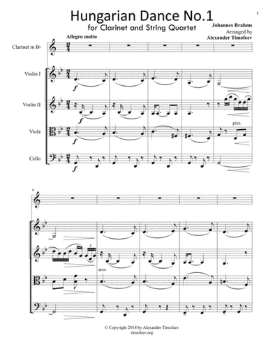 Hungarian Dance No.1, for Clarinet and String Quartet (arr. Alexander Timofeev)