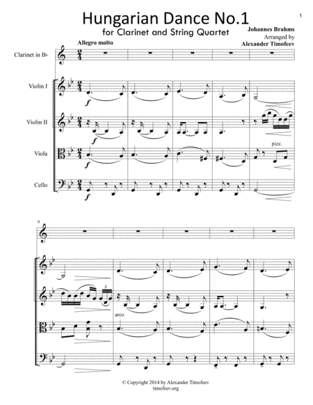 Hungarian Dance No.1, for Clarinet and String Quartet (arr. Alexander Timofeev)