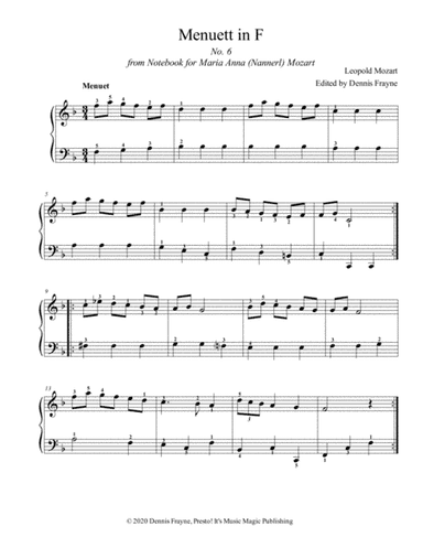 Menuett in F, No. 6 from Notebook for Maria Anna (Nannerl) Mozart (arr. Presto! It's Music Magic Publishing)