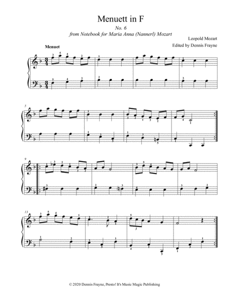 Menuett in F, No. 6 from Notebook for Maria Anna (Nannerl) Mozart (arr. Presto! It's Music Magic Publishing)
